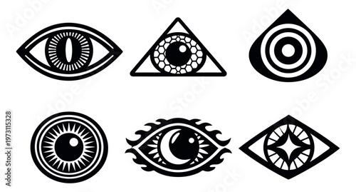 Stylized eye symbol set featuring various abstract and mystical interpretations for spiritual, occult, and visionary themes