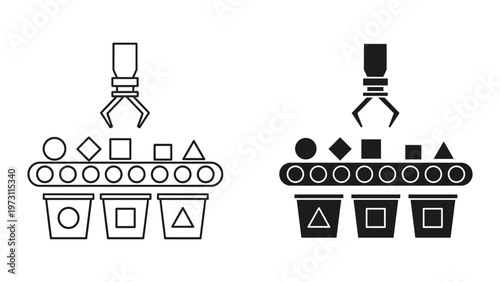 An industrial robot arm sorts various shapes into corresponding baskets on a conveyor belt in a factory setting with both line art and solid black illustrations