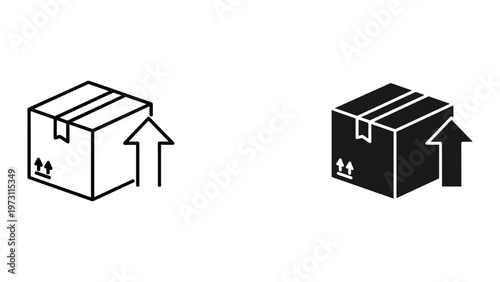 Two black and white illustrations of boxes with arrows pointing upwards indicating careful handling and lifting instructions