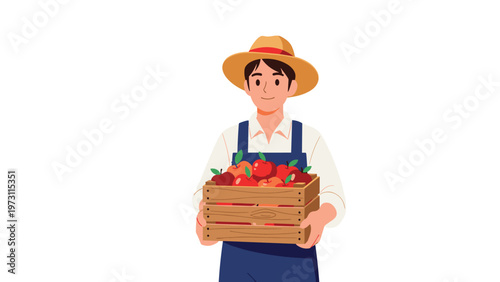 Friendly male farmer in straw hat and blue overalls carries a wooden crate overflowing with ripe red apples on farm.