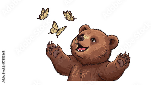 Playful brown bear cub reaches out toward three fluttering yellow butterflies in a joyful natural outdoor scene.
