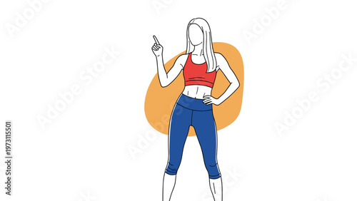 Minimalist line art of a fit woman in athletic clothing points upward in front of a large orange abstract shape.