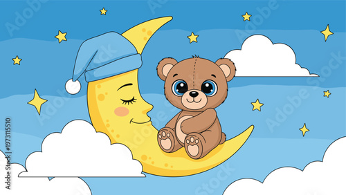 Peaceful night scene shows a cute teddy bear sleeping on a crescent moon wearing a cap amidst stars and clouds.