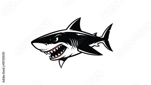 Powerful black and white logo design of a fierce great white shark with open mouth and sharp pointed teeth on white.