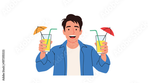 Cheerful man in a blue shirt holds two tropical juice drinks with straws and decorative umbrellas for summer fun.