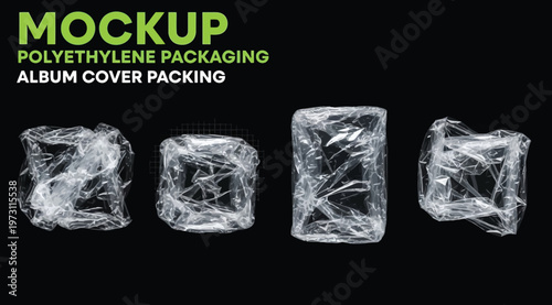 Set of realistic polyethylene packaging mockups for album covers, transparent plastic wrap textures with wrinkles and folds