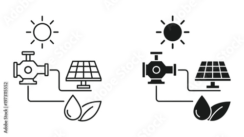 A diagram comparing two solar powered irrigation systems with contrasting black and white line art styles