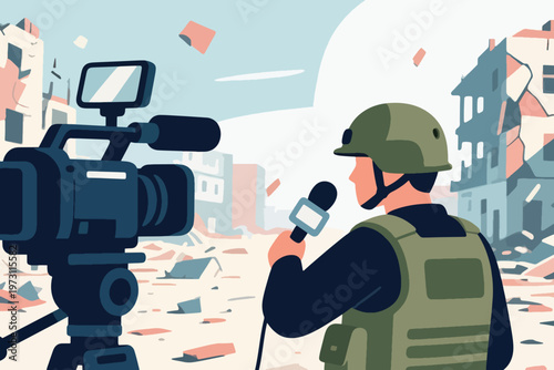 Reporter in protective gear with microphone and video camera in war torn urban area, stylized vector illustration.