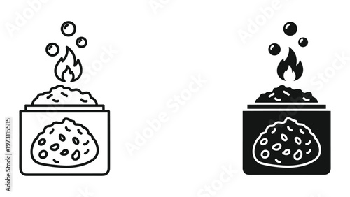 Two identical illustrations of a pot of food being cooked with steam rising on a white background with one pot colored black