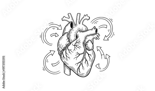 Heart and blood circulation doodle concept hand drawn anatomy flow vector illustration