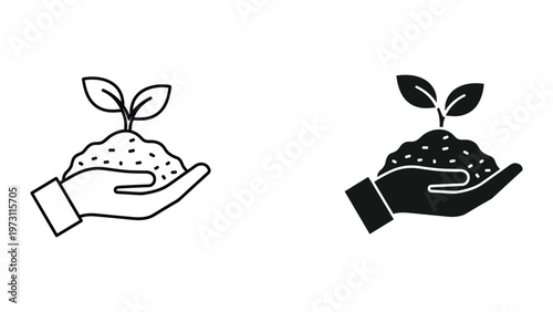 A minimalist illustration of two hands cradling soil with young seedlings sprouting from the earth in a contrasting black and white design