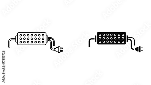 Two electrical outlet power strips with cords and plugs on a white background one in black and white and the other in solid black