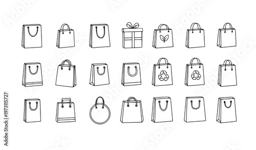 Shopping bag doodle icon set hand drawn retail paper bags outline vector collection