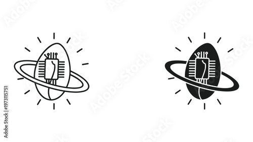 Two identical black and white illustrations of a microchip encircled by a ring with radiating lines on a white background