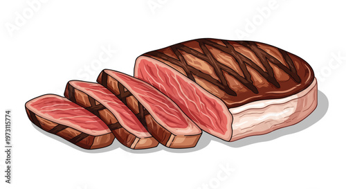 Juicy grilled steak, perfectly sliced to reveal its tender red interior and beautiful char marks, a culinary delight