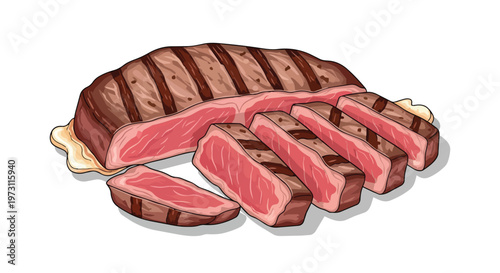 Succulent grilled steak expertly sliced and presented on a white background, showcasing its juicy texture and perfect char marks for culinary delight