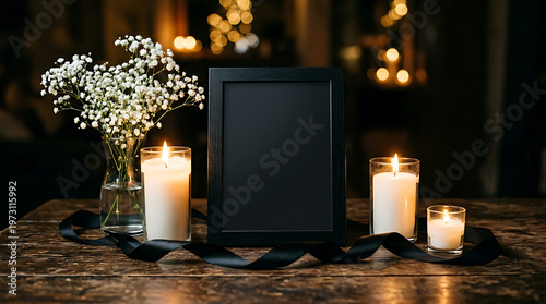 Mourning or memorial setup with black picture frame, lit candles, and white flowers on a wooden table.