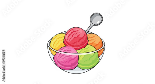 A delightful bowl of colorful ice cream scoops with a spoon, perfect for summer treats and dessert illustrations.