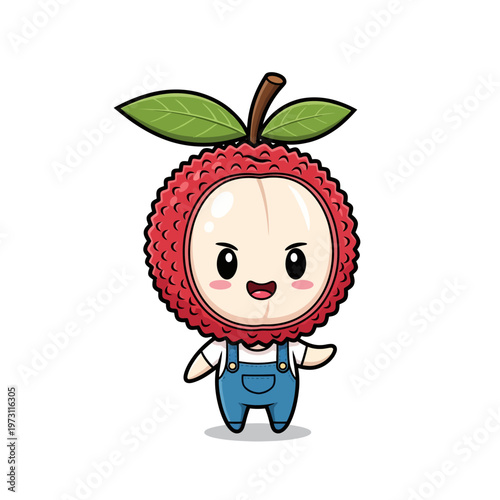 Kawaii lychee fruit mascot character in chibi style, wearing blue denim overalls and a white shirt, featuring a textured red peel and white interior face with green leaves on top.