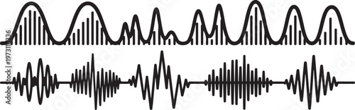 Complex waveform patterns illustrating signal amplitude variations over time Vector