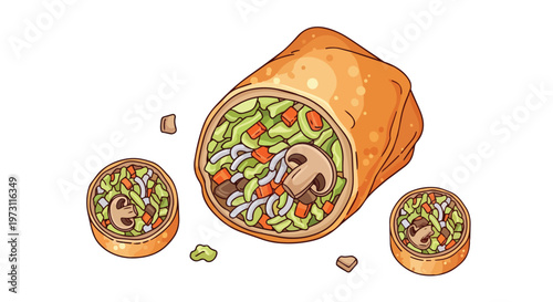 Hand-drawn delicious vegetarian burrito and two cross-sections showcasing fresh ingredients and mushrooms within a golden tortilla wrap