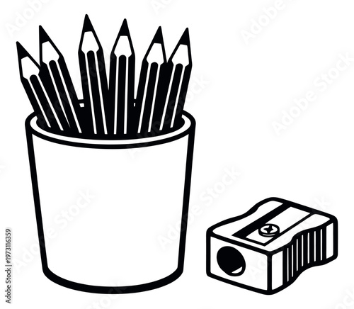 Line art stationery set featuring pencils in a holder and a sharpener for education