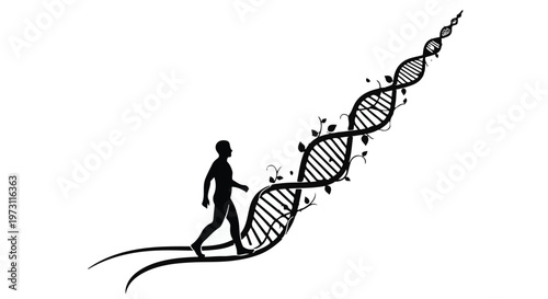 Silhouette of a person walking up a DNA helix, symbolizing progress and evolution.