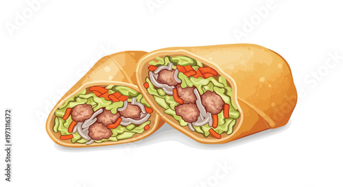 Deliciously Rolled Spring Roll Cross-Section Revealing Savory Filling of Vegetables and Meat A Perfect Food Illustration