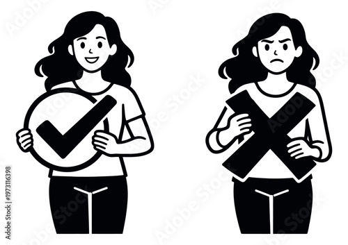 Hand drawn line art women characters set featuring a smiling woman with a checkmark and a frowning woman with an X for decision making and feedback