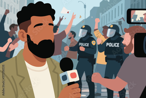 Reporter with microphone covering street protest, police line, and crowd of activists in urban setting, stylized vector illustration.