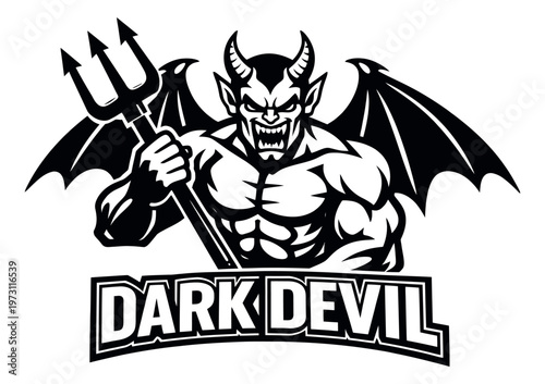 Bold graphic illustration of a devil depicting an angry horned creature with wings and a trident for gaming and sports logos