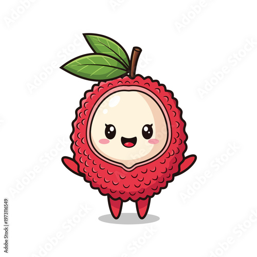 Kawaii chibi lychee fruit character with red textured skin, white inner pulp face, smiling expression, and green leaves, isolated on white background in a cute vector cartoon style.