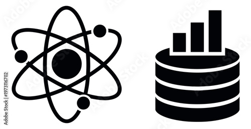 Modern graphic icon set featuring an atom model and a database symbol for science and technology concepts