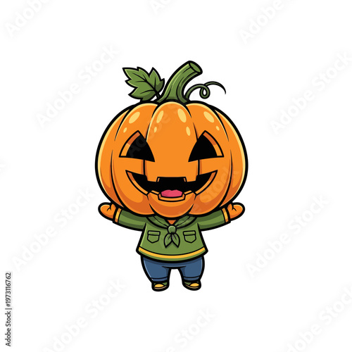 Cute chibi character with a jack-o-lantern pumpkin head wearing a green jacket and blue pants, festive Halloween vector illustration of a seasonal mascot isolated on white background.