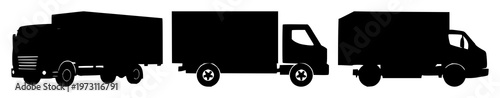 Shipping truck set with solid black icon, white background silhouette featuring truck, shipping, icon with black and white and transportation and logistics