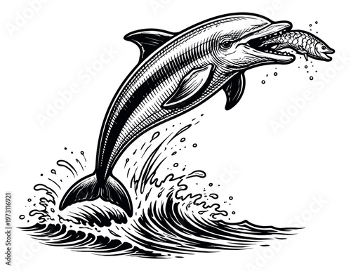 Line art illustration of a dolphin depicting it jumping with a fish for marine life themes