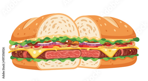 Delectable Double Decker Burger Illustration with Fresh Toppings and Juicy Patties on a White Background