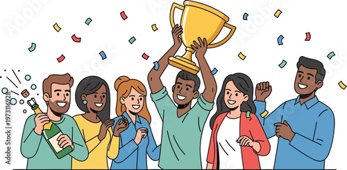 Diverse group of people celebrating with trophy and champagne