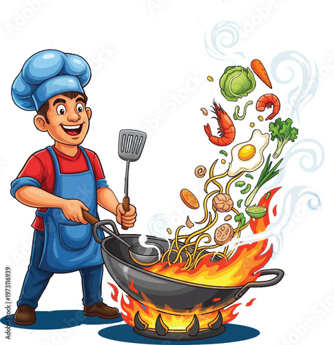 Happy Chef Cooking Noodles and Vegetables in a Wok with Flames and Steam