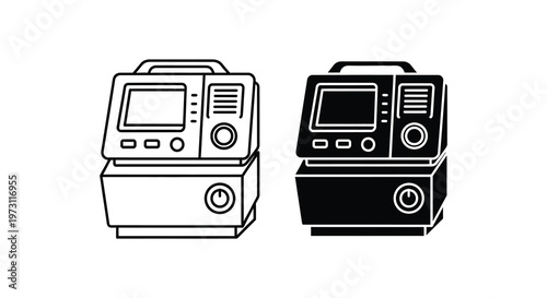 Two medical devices a ventilator depicted in contrasting styles silhouette