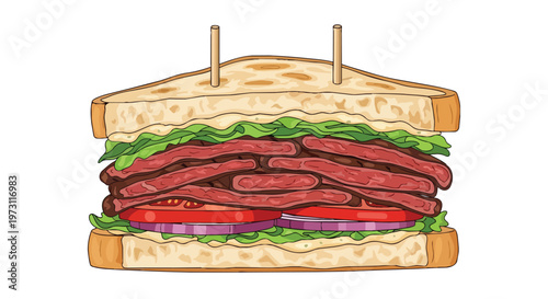 A Generously Filled Tri-Layered Club Sandwich Stacked High With Meaty Slices, Lettuce, Tomato, and Onion