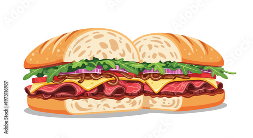 Freshly Prepared Deli Sandwiches Stacked Together with Generous Fillings on a White Background
