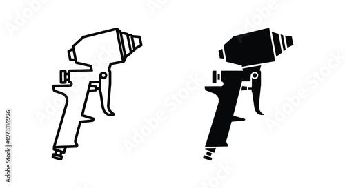 Two spray guns one outlined and one solid depicted as a silhouette