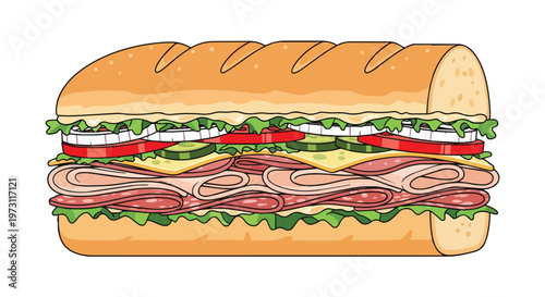 A meticulously crafted illustration of a generously filled sub sandwich showcasing layers of savory meats, crisp vegetables, and melted cheese