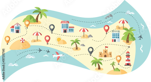 Beach vacation travel map with landmarks and transportation
