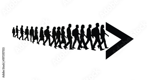 Silhouetted figures walk in unison forming an arrow, symbolizing progress and collective direction.