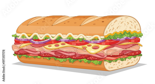 An illustrated appetizing hero sandwich overflowing with fresh ingredients and savory meats on a white background