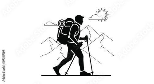 A hiker walks with a backpack and trekking poles a striking silhouette