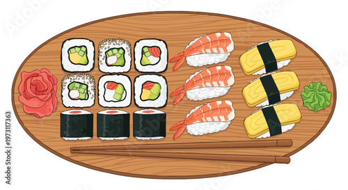 Artistic Arrangement of Japanese Sushi and Sashimi Delicacies Presented on a Rustic Wooden Platter