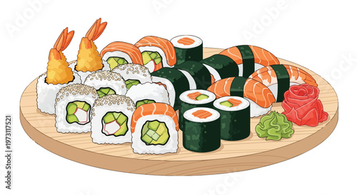 Vibrant Assortment of Delicious Sushi Rolls and Nigiri Artfully Arranged on a Wooden Platter Ready for Enjoyment